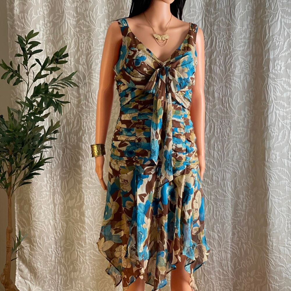 Vintage Y2K Georgiou Studio Silk Floral Dress Ruched Handkerchief Hem Size 10 - Picture 2 of 8